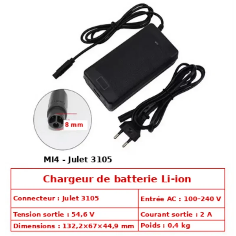 Chargeur 54.6V 2A Li-ion 48V 13S – MI4/Julet 3105 3 broches