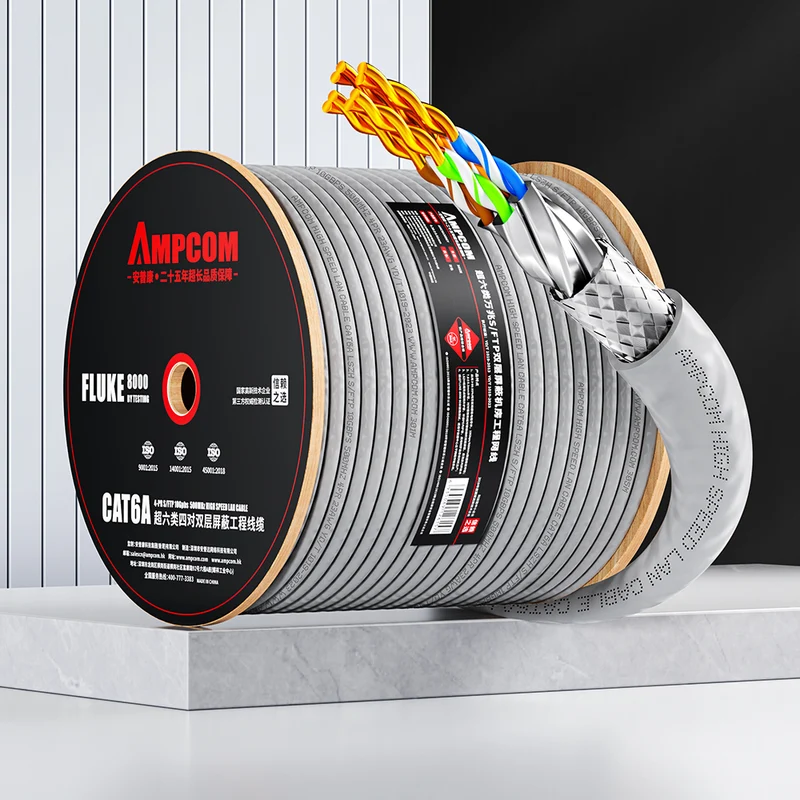 AMPCOM Cat6A Bulk Network Cable, 0.58±0.01mm Pure Copper Solid Wire, 500MHz, S/FTP, Gray LSZH Sheath, 1000ft (305m) / Reel