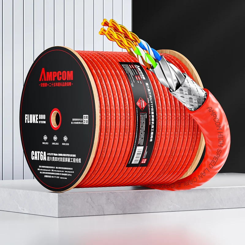 AMCPOM Cat6A Bulk Network Cable, 0.58±0.01mm Pure Copper Solid Wire, 500MHz, S/FTP, Red LSZH Sheath, 1000ft (305m) / Reel