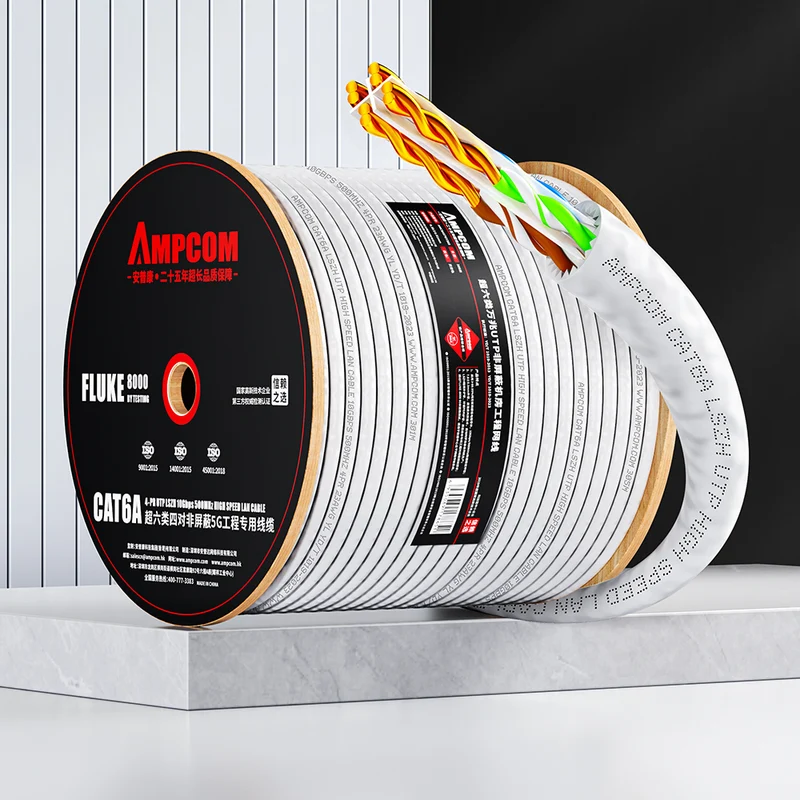 AMCPOM Cat6A Bulk Network Cable, 0.58±0.01mm Pure Copper Stranded Wire, 500MHz, Unshielded (UTP), White LSZH Sheath, 1000ft (305m) / Reel