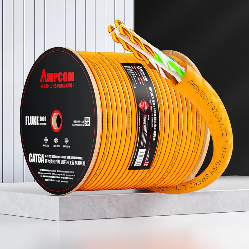 AMCPOM Cat6A Bulk Network Cable, 0.58±0.01mm Pure Copper Stranded Wire, 500MHz, Unshielded (UTP), Orange LSZH Sheath, 1000ft (305m) / Reel