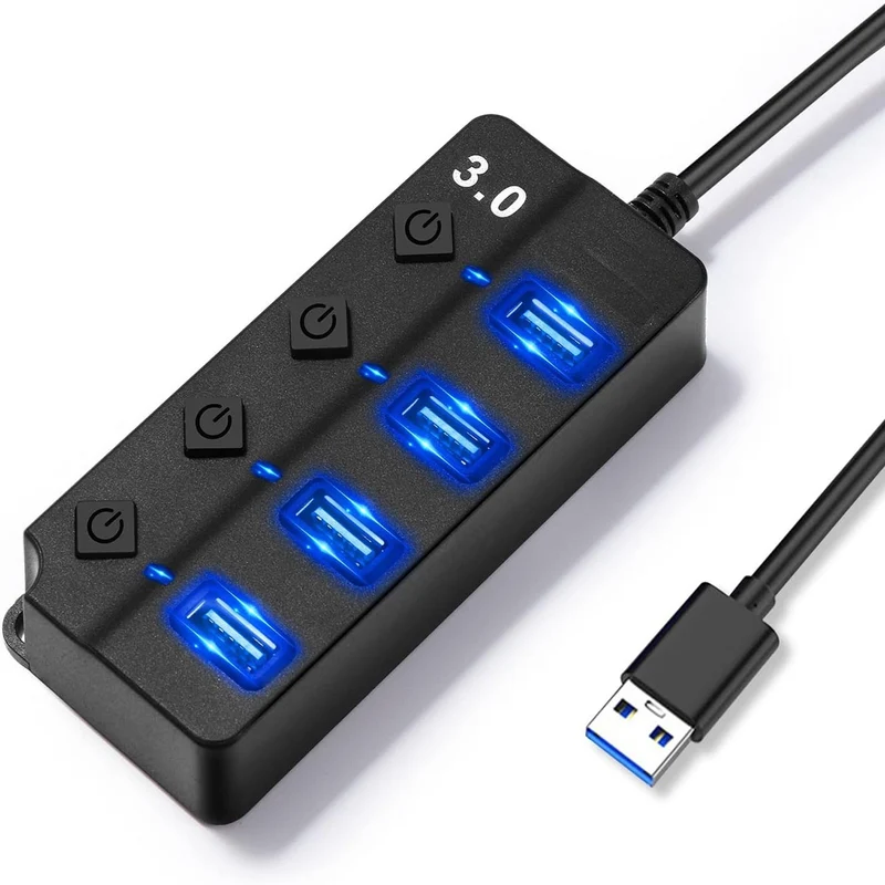 HUB USB 3.0 4 PORTE INTERRUTTORI INDIPENDENTI LED TRASFERIMENTO DATI AS-08055