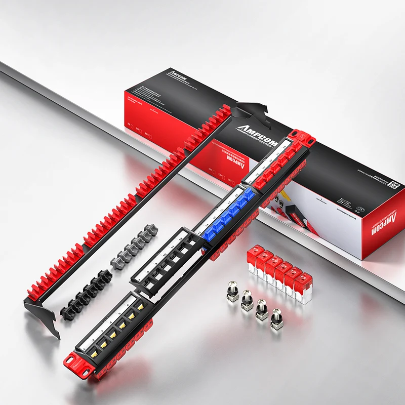 AMPCOM 1U 24-Port Modular Unshielded Patch Panel, Toolless Keystone Jack, Front-Removable Panel Design, Reinforced Copper Ground Wire,19 Inch Rack Mount