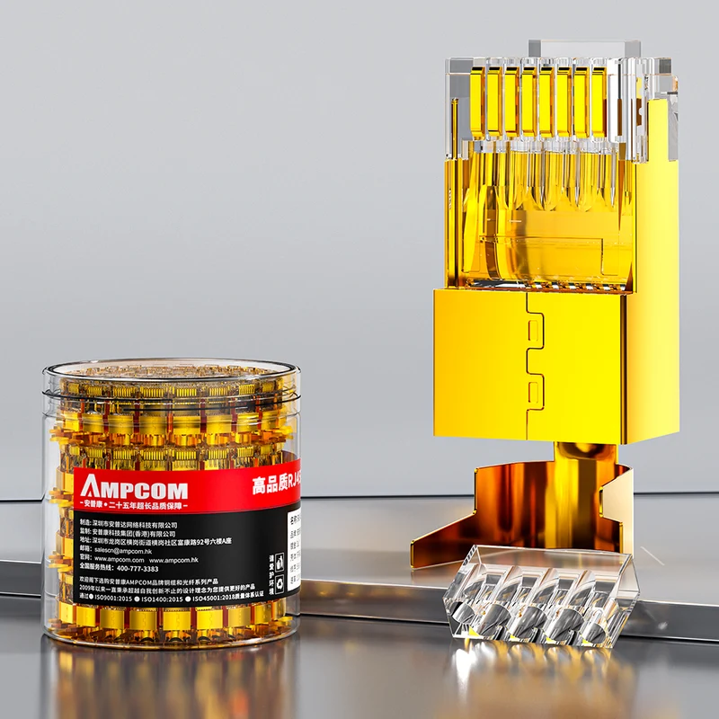 AMPCOM Cat6a W/ Tail Clip Shielded RJ45 Connector, 50μm Gold-Plated Contacts, Gold-Plated Copper Shell, 1.5mm Conductor Hole