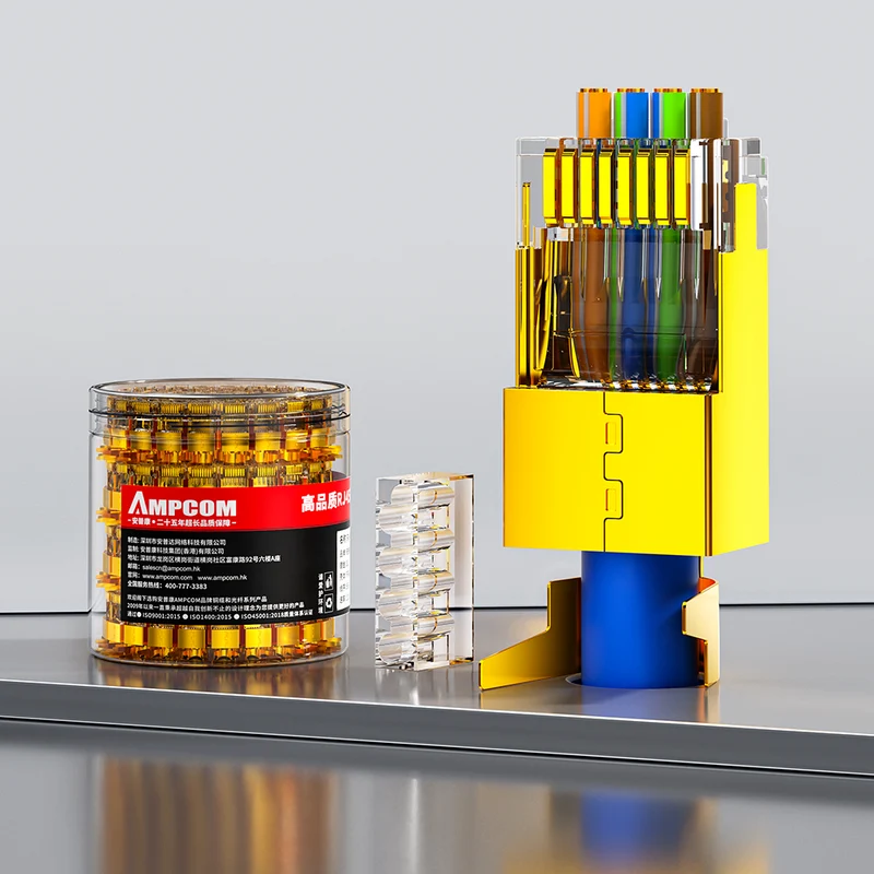 AMPCOM Cat6a Pass-Through W/ Tail Clip Shielded RJ45 Connector, Gold-Plated Copper Shell, 1.5mm Conductor Hole