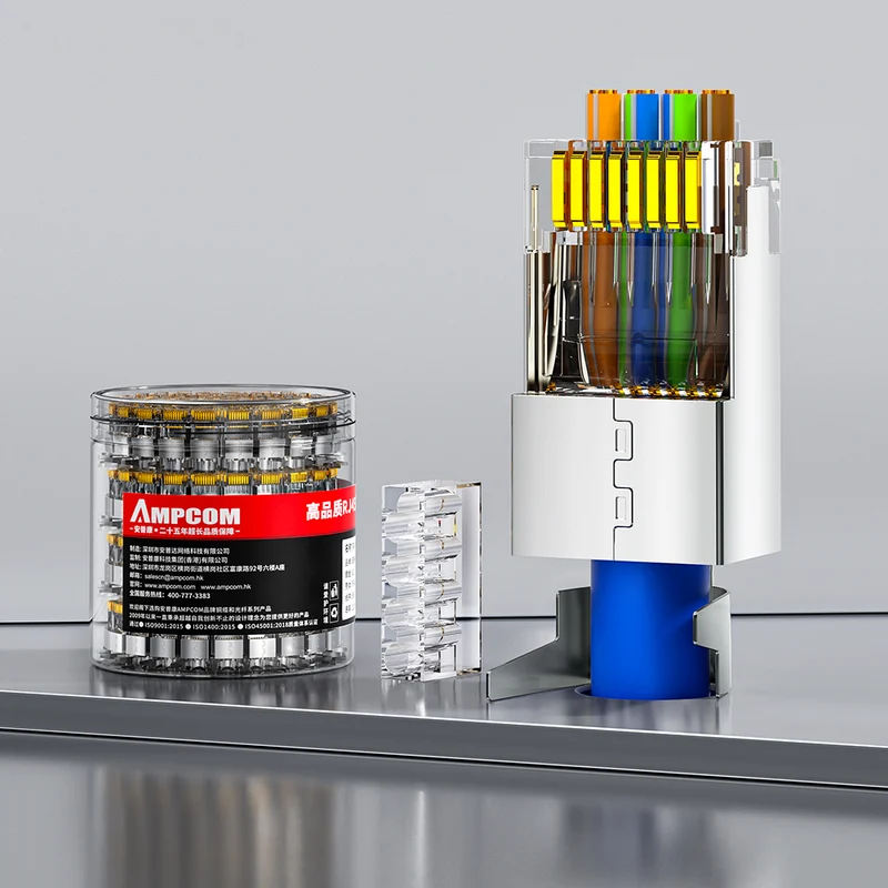 AMPCOM Cat7 Pass-Through W/ Tail Clip Shielded RJ45 Connector, Nickel-Plated Copper Shell, 1.5mm Conductor Hole