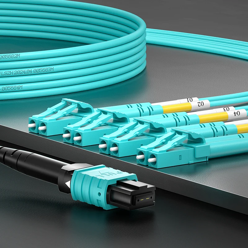 AMPCOM MPO-8 Harness, Multimode OM3 50/125µm 8 Fibers Optic Cable, MPO APC (Female) to 4 x LC APC Duplex, Aqua LSZH Jacket