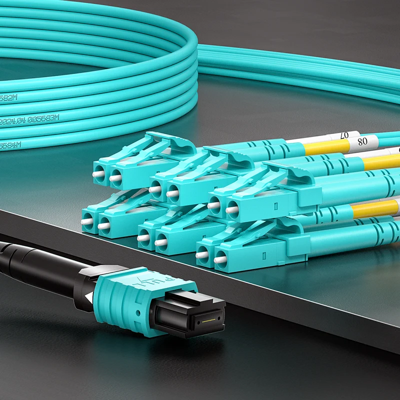 AMPCOM MPO-12 Harness, Multimode OM3 50/125µm 12 Fibers Optic Cable, MPO APC (Female) to 6 x LC APC Duplex, Aqua LSZH Jacket