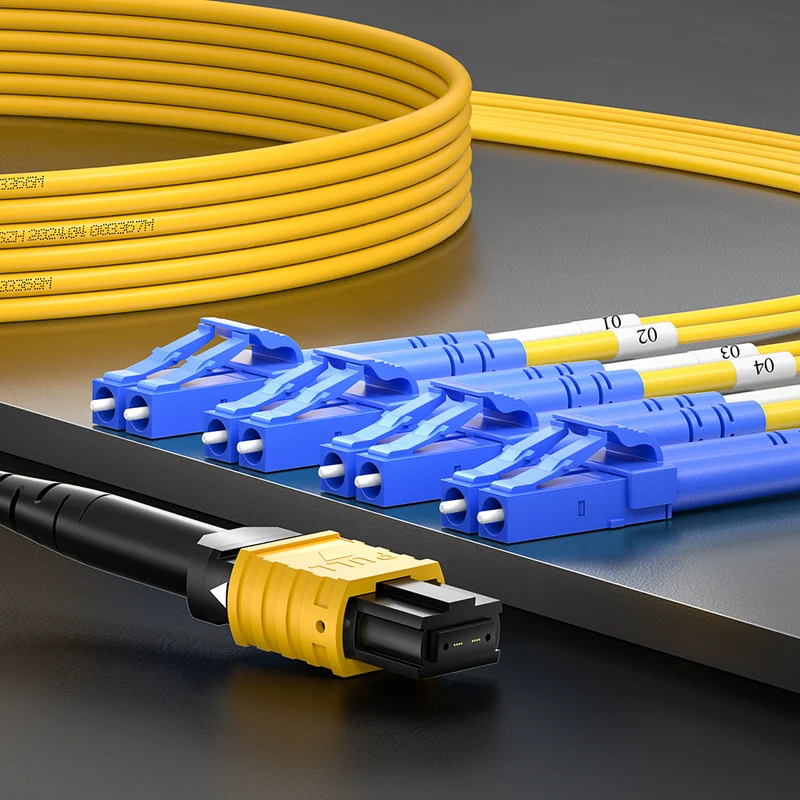 AMPCOM MPO-8 Harness, Single Mode (OS2 9/125μm) 8 Fibers Optic Cable, MPO APC (Female) to 4 x LC APC Duplex, Yellow LSZH Jacket