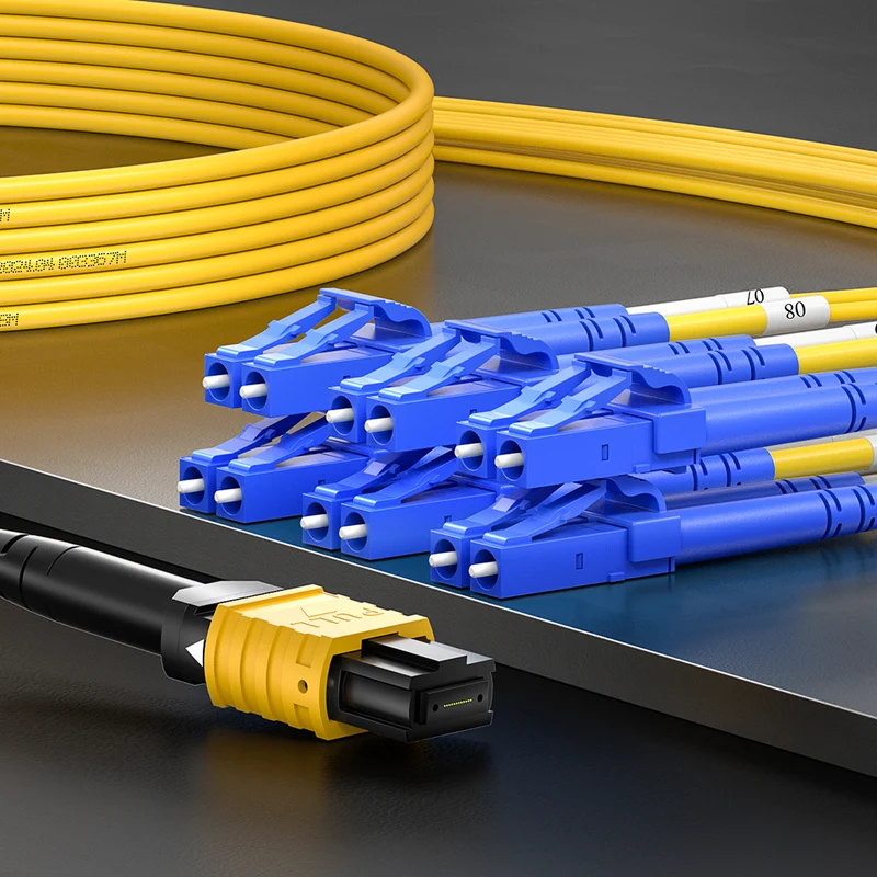 AMPCOM MPO-12 Harness, Single Mode (OS2 9/125μm) 12 Fibers Optic Cable, MPO APC (Female) to 6 x LC APC Duplex, Yellow LSZH Jacket