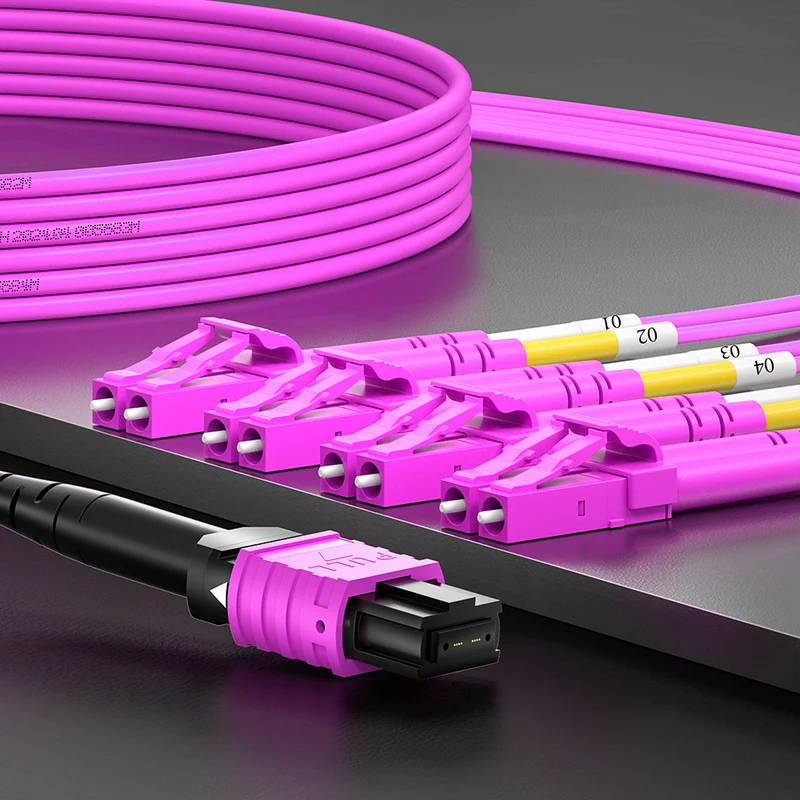 AMPCOM MPO-8 Harness, Multimode OM4 50/125µm 8 Fibers Optic Cable, MPO UPC (Female) to 4 x LC UPC Duplex, Magenta LSZH Jacket