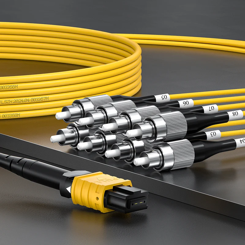AMPCOM MPO-8 Harness, Single Mode (OS2 9/125μm) 8 Fibers Optic Cable, MPO UPC (Female) to 8 x FC UPC, Yellow LSZH Jacket