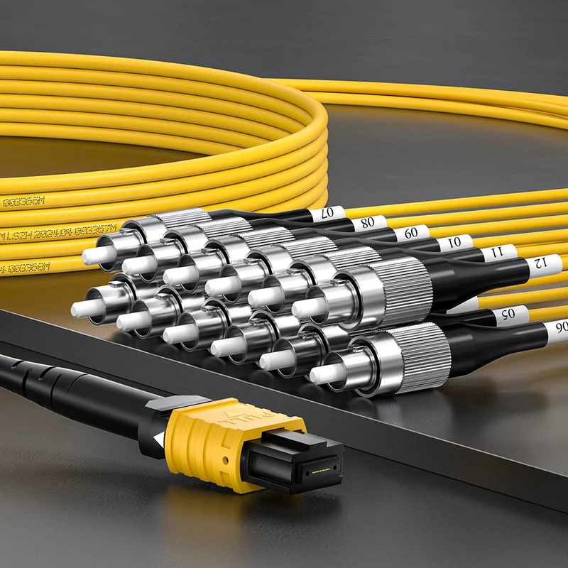 AMPCOM MPO-12 Harness, Single Mode (OS2 9/125μm) 12 Fibers Optic Cable, MPO APC (Female) to 12 x FC APC, Yellow LSZH Jacket