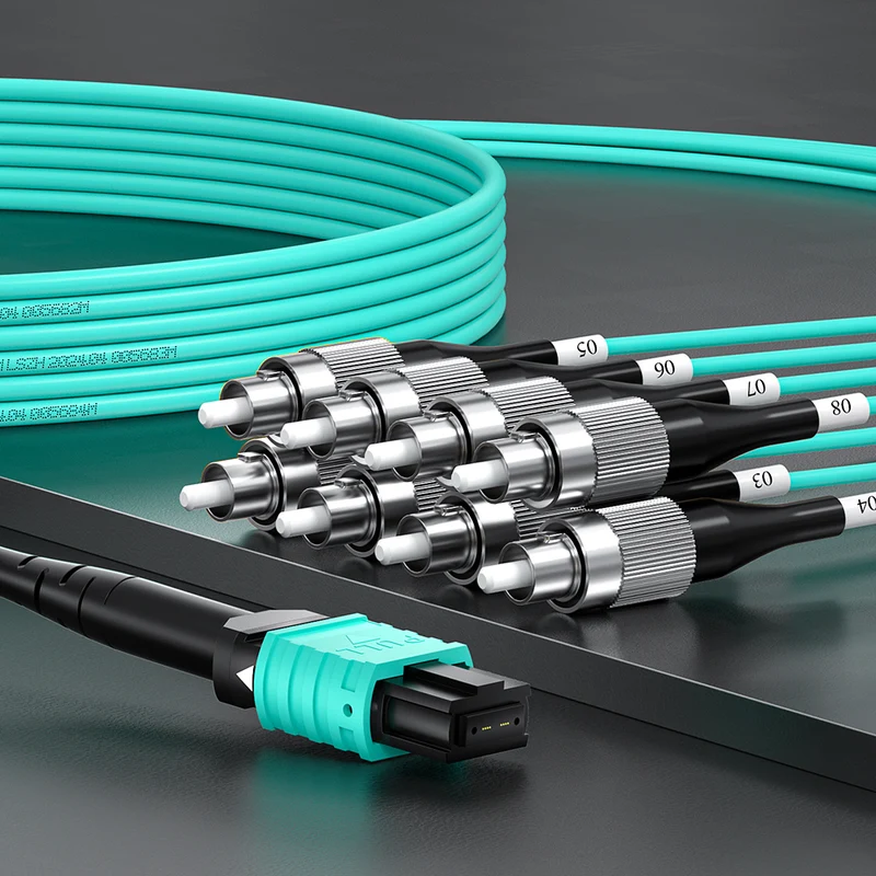 AMPCOM MPO-8 Harness, Multimode OM3 50/125µm 8 Fibers Optic Cable, MPO APC (Female) to 8 x FC APC, Aqua LSZH Jacket