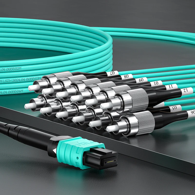 AMPCOM MPO-12 Harness, Multimode OM3 50/125µm 12 Fibers Optic Cable, MPO UPC (Female) to 12 x FC UPC, Aqua LSZH Jacket
