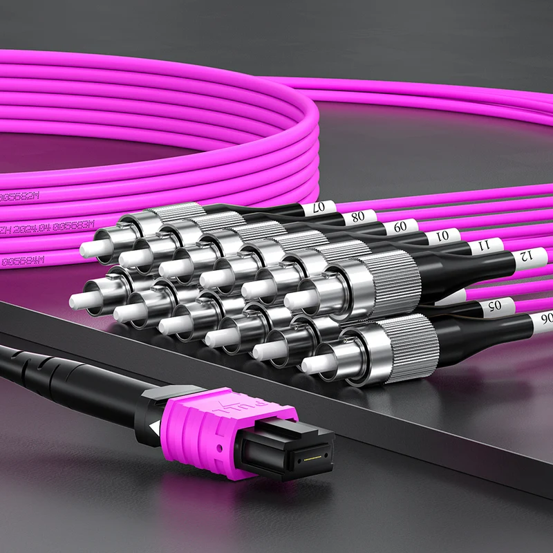 AMPCOM MPO-12 Harness, Multimode OM4 50/125µm 12 Fibers Optic Cable, MPO UPC (Female) to 12 x FC UPC, Magenta LSZH Jacket