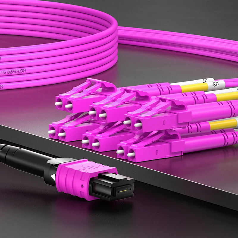 AMPCOM MPO-12 Harness, Multimode OM4 50/125µm 12 Fibers Optic Cable, MPO APC (Female) to 6 x LC APC Duplex, Magenta LSZH Jacket
