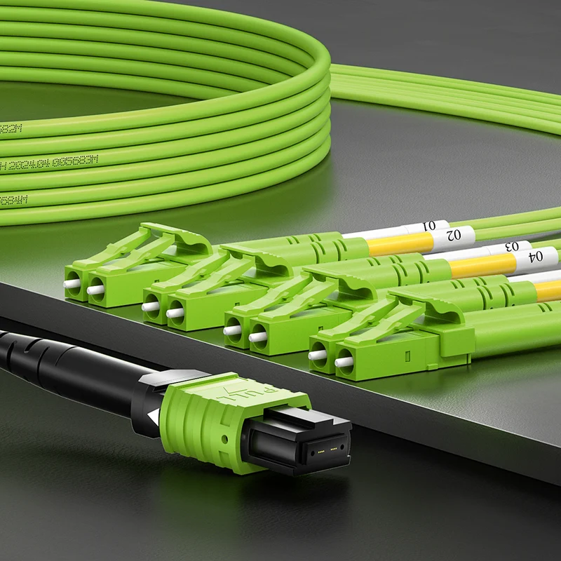 AMPCOM MPO-8 Harness, Multimode OM5 50/125µm 8 Fibers Optic Cable, MPO UPC (Female) to 4 x LC UPC Duplex, Green LSZH Jacket