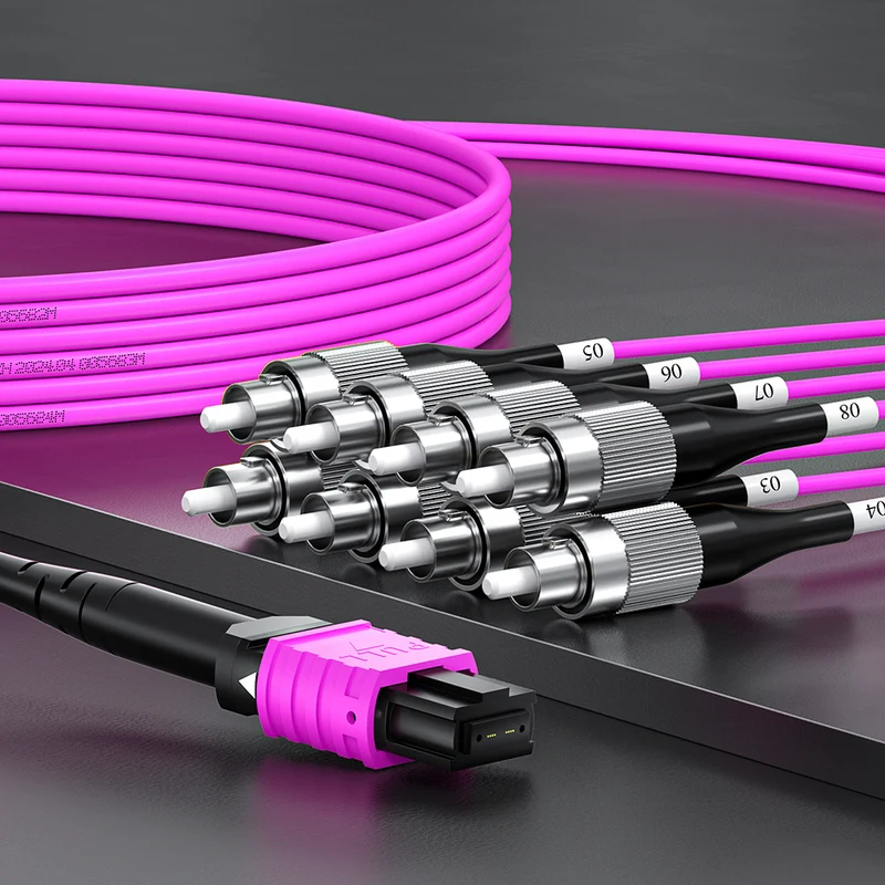 AMPCOM MPO-8 Harness, Multimode OM4 50/125µm 8 Fibers Optic Cable, MPO APC (Female) to 8 x FC APC, Magenta LSZH Jacket