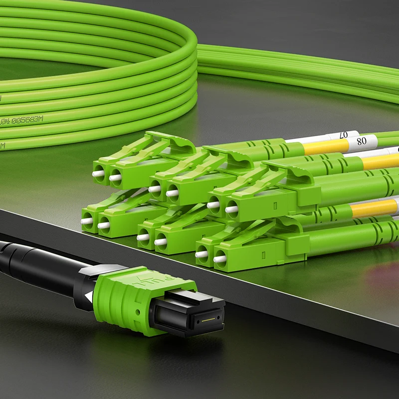 AMPCOM MPO-12 Harness, Multimode OM5 50/125µm 12 Fibers Optic Cable, MPO APC (Female) to 6 x LC APC Duplex, Green LSZH Jacket