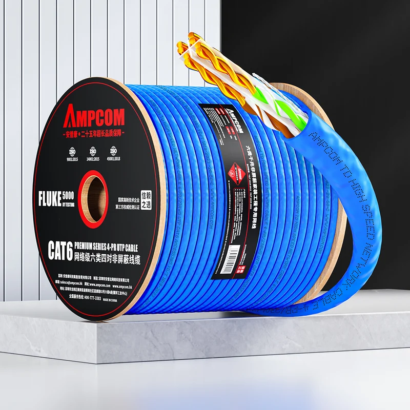 AMCPOM Cat6 Bulk Network Cable, 0.58±0.01mm Pure Copper Stranded Wire, 250MHz, Unshielded (UTP), Blue PVC Sheath, 1000ft (305m) / Reel