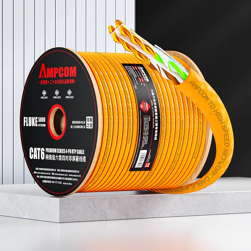 AMCPOM Cat6 Bulk Network Cable, 0.53±0.005mm Pure Copper Stranded Wire, 250MHz, Unshielded (UTP), Orange PVC Sheath, 1000ft (305m) / Reel