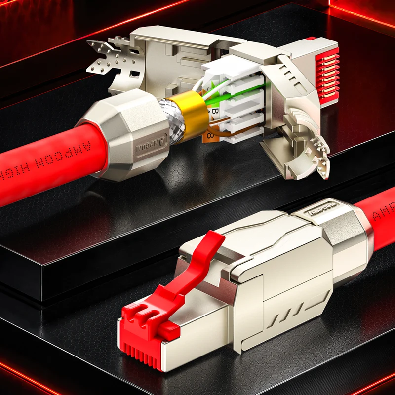 AMPCOM CFS Series Cat8 Zinc-Alloy Shielded Tool-Free RJ45 Connector for 22-24 AWG Ethernet Cable