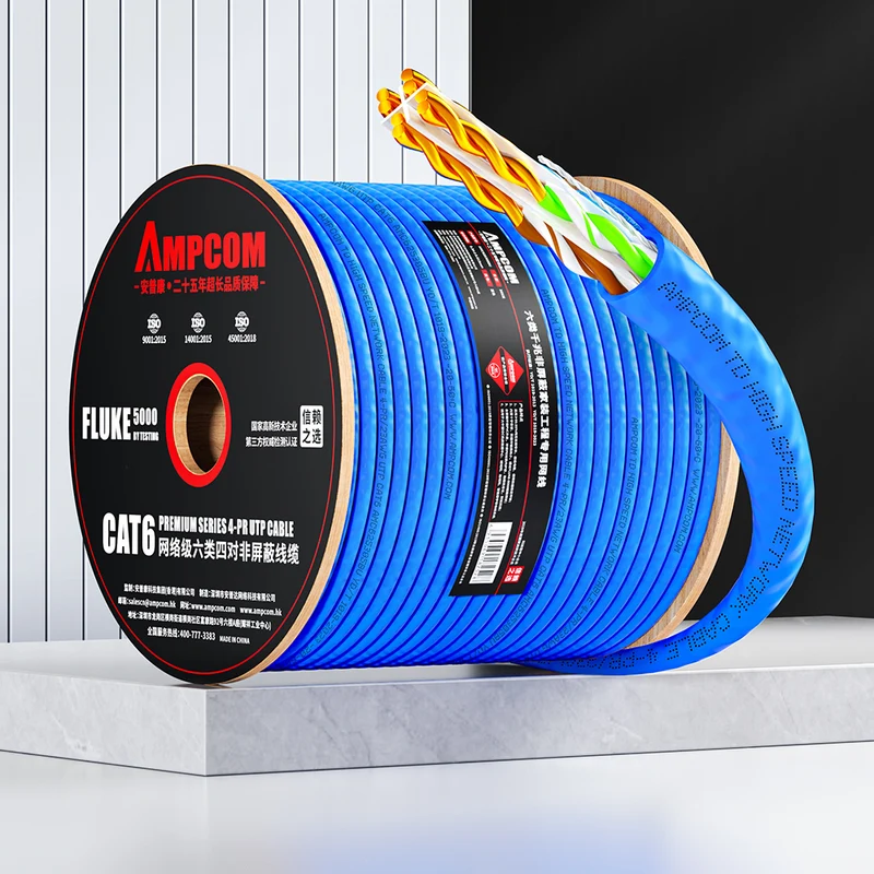 AMCPOM Cat6 Bulk Network Cable, 0.53±0.005mm Pure Copper Stranded Wire, 250MHz, Unshielded (UTP), Blue PVC Sheath, 1000ft (305m) / Reel