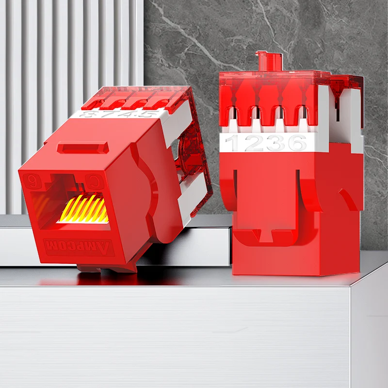 AMPCOM CAT6 Unshielded 180° Punch-Down Keystone Jack for Ethernet Network, Red Shell