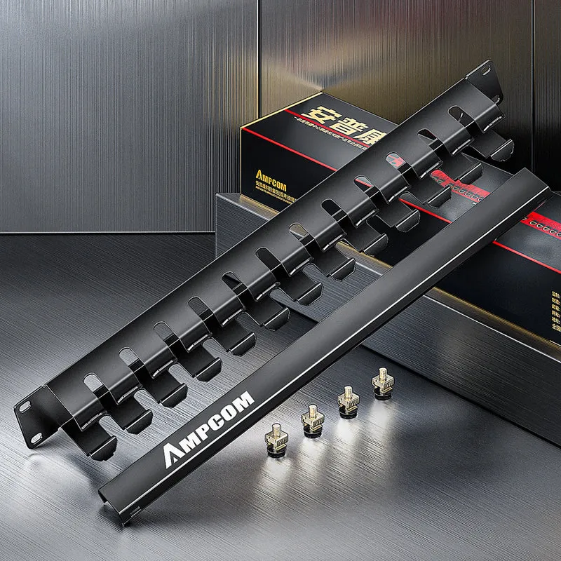 AMPCOM 1U 12-Slot 24-Port Cable Manager, Enlarged Duct, Reinforced Steel, Dual-Hinged Cover