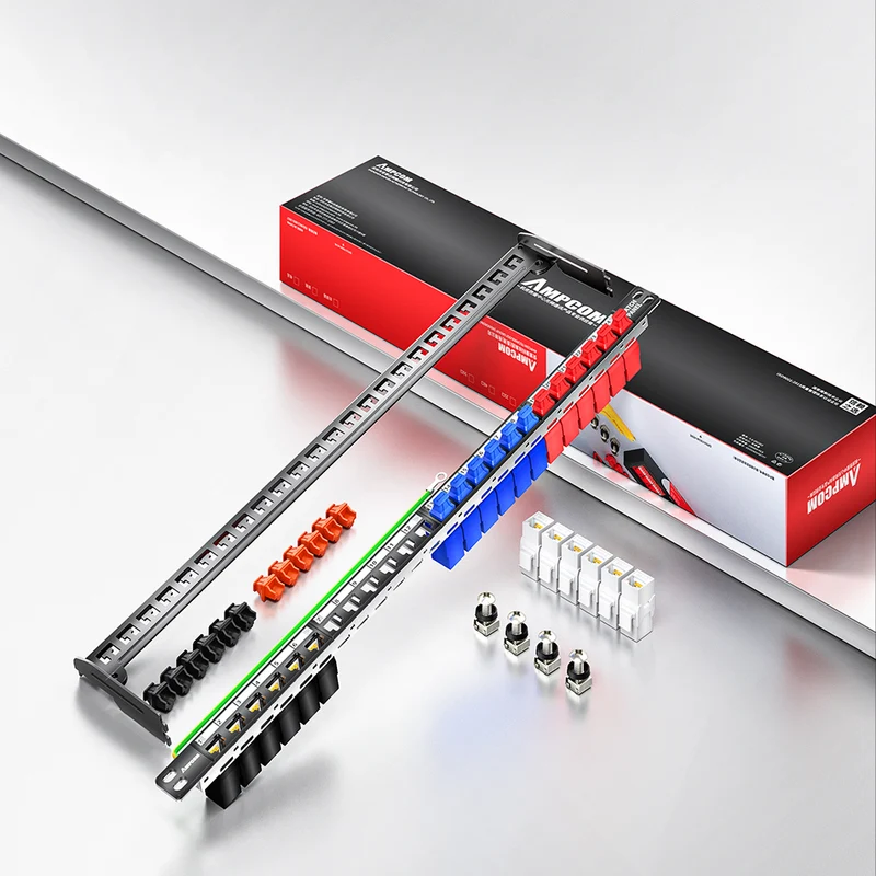 AMPCOM 0.5U 24-Port Unshielded Pass-Through Modular Patch Panel, 19-inch Rack Mount with Cable Management Rings