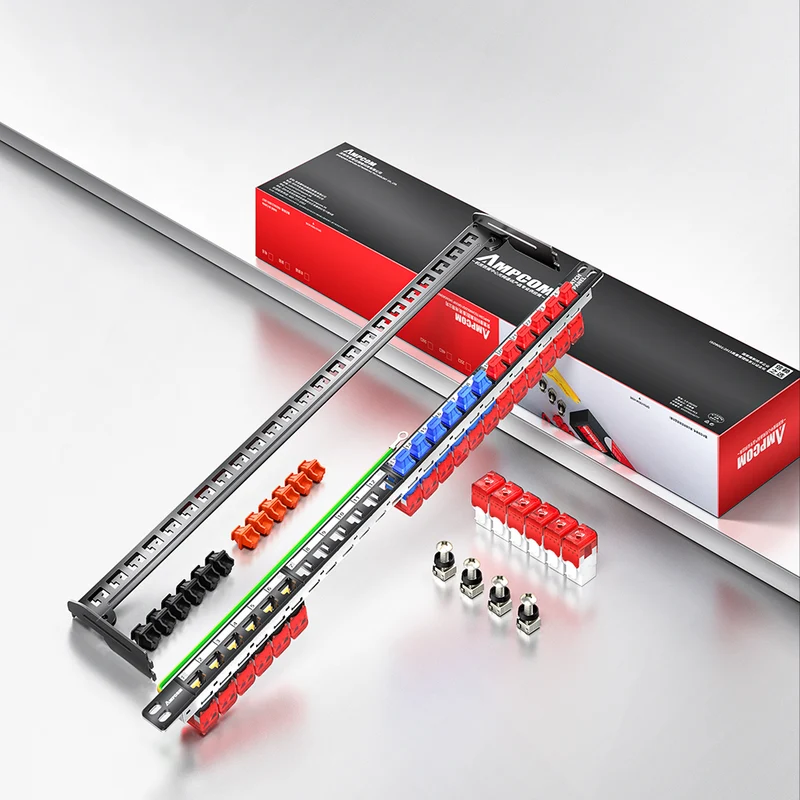 AMPCOM 0.5U 24-Port Modular Unshielded Patch Panel, Toolless Keystone Jack, Reinforced Copper Ground Wire, 19 Inch Rack Mount